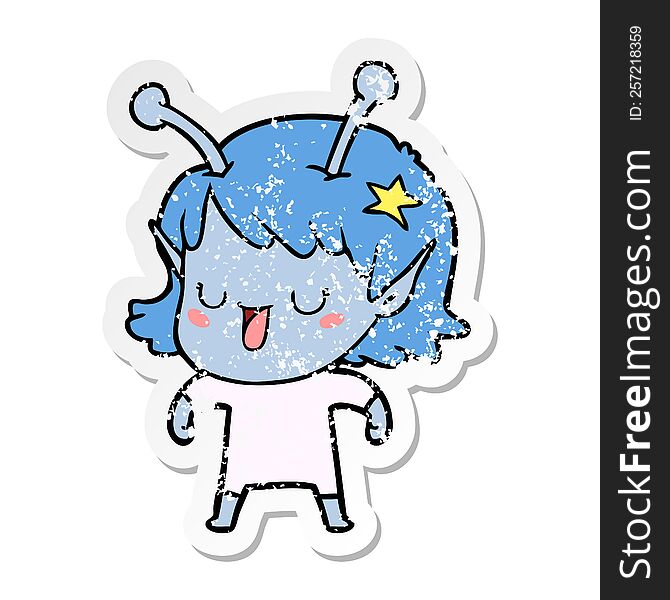 Distressed Sticker Of A Happy Alien Girl Cartoon
