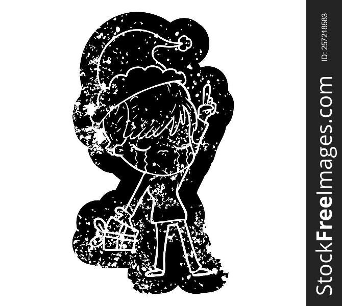 Cartoon Distressed Icon Of A Woman Crying Wearing Santa Hat