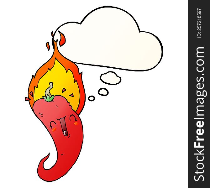 cartoon flaming hot chili pepper with thought bubble in smooth gradient style