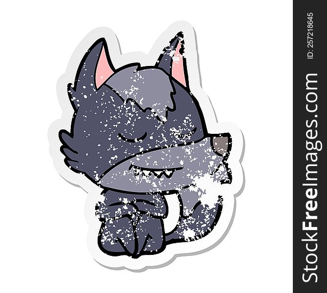 distressed sticker of a friendly cartoon wolf sitting