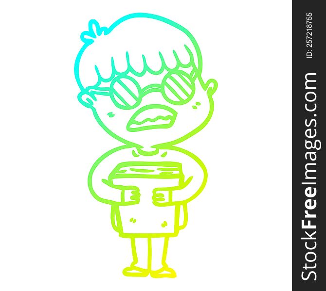 cold gradient line drawing of a cartoon boy hugging book wearing spectacles