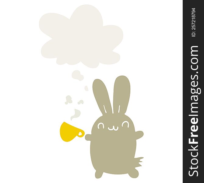 cute cartoon rabbit drinking coffee with thought bubble in retro style