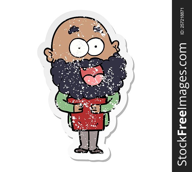 distressed sticker of a cartoon crazy happy man with beard and book