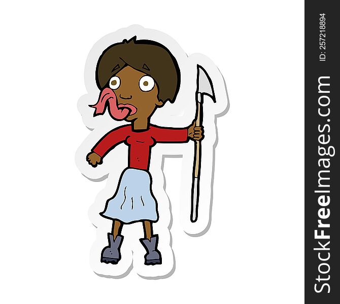 Sticker Of A Cartoon Woman With Spear Sticking Out Tongue