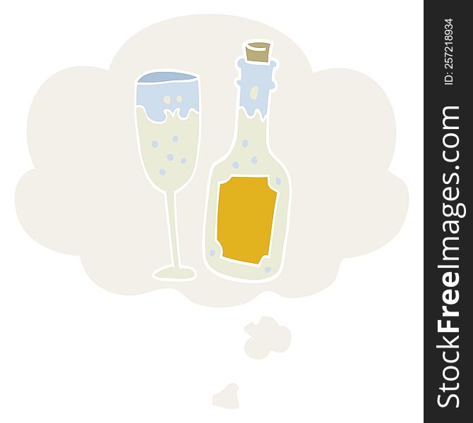 cartoon champagne bottle and glass with thought bubble in retro style