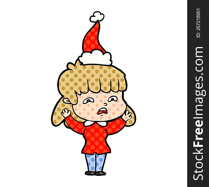 Comic Book Style Illustration Of A Worried Woman Wearing Santa Hat