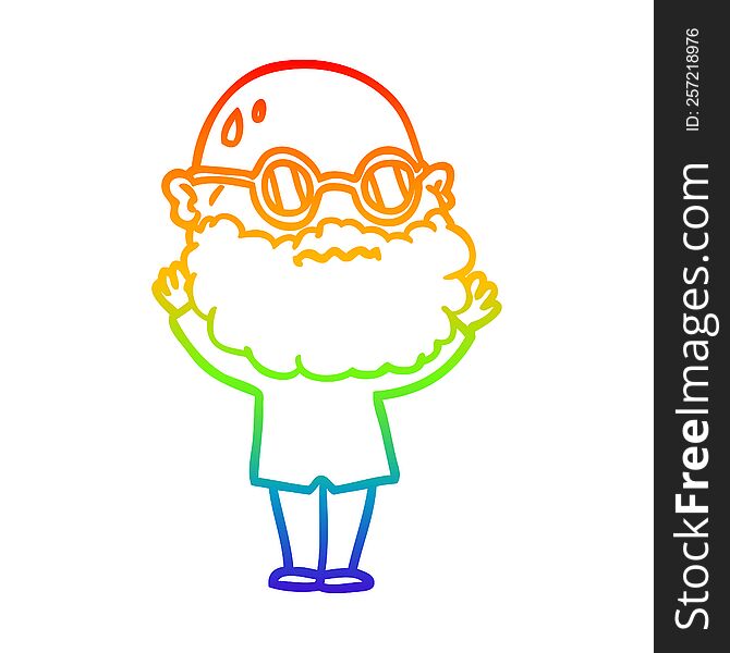Rainbow Gradient Line Drawing Cartoon Worried Man With Beard And Spectacles
