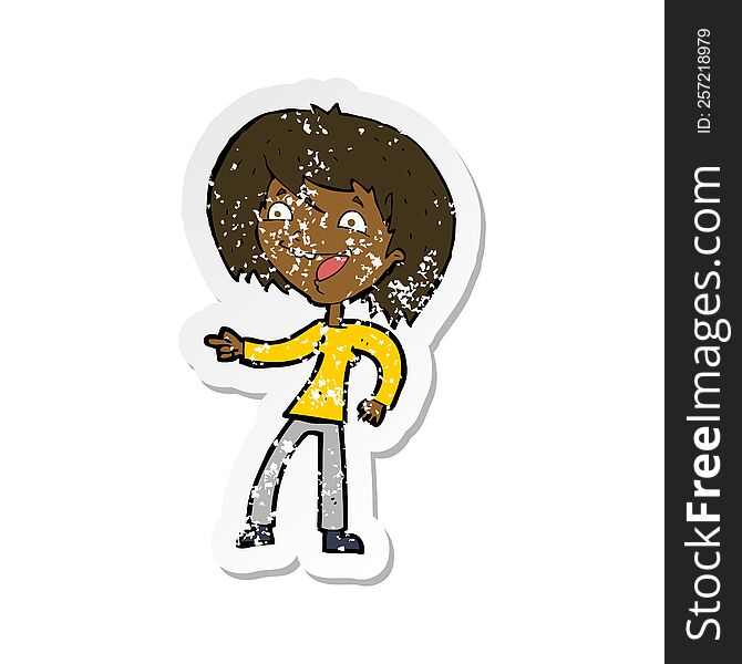 Retro Distressed Sticker Of A Cartoon Woman Laughing And Pointing