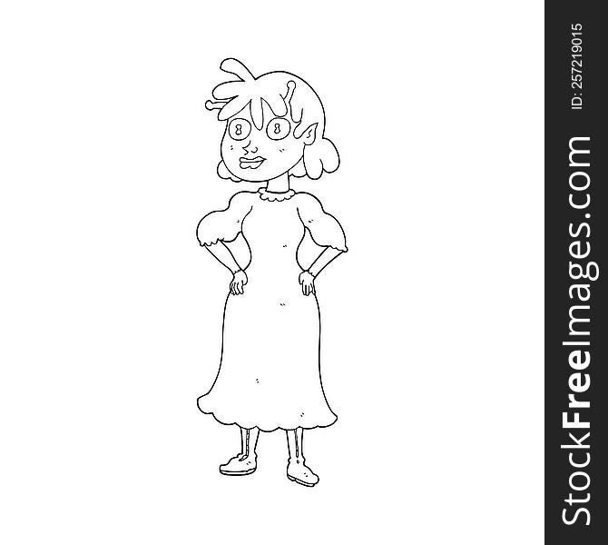 freehand drawn black and white cartoon alien woman