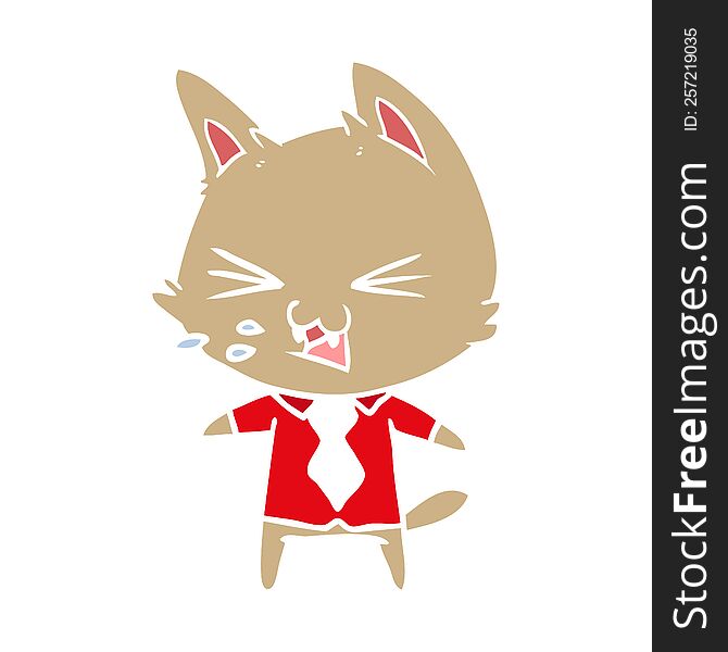 Flat Color Style Cartoon Cat Wearing Shirt Hissing