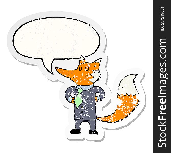 Cartoon Fox Businessman And Speech Bubble Distressed Sticker