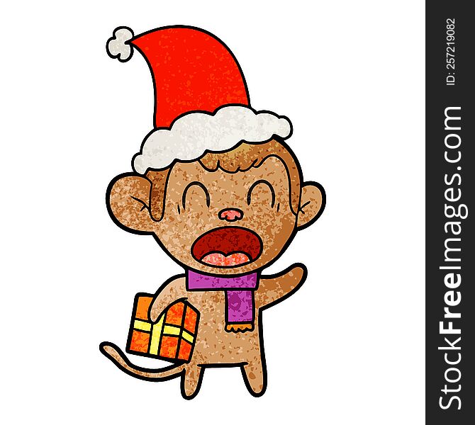 shouting hand drawn textured cartoon of a monkey carrying christmas gift wearing santa hat