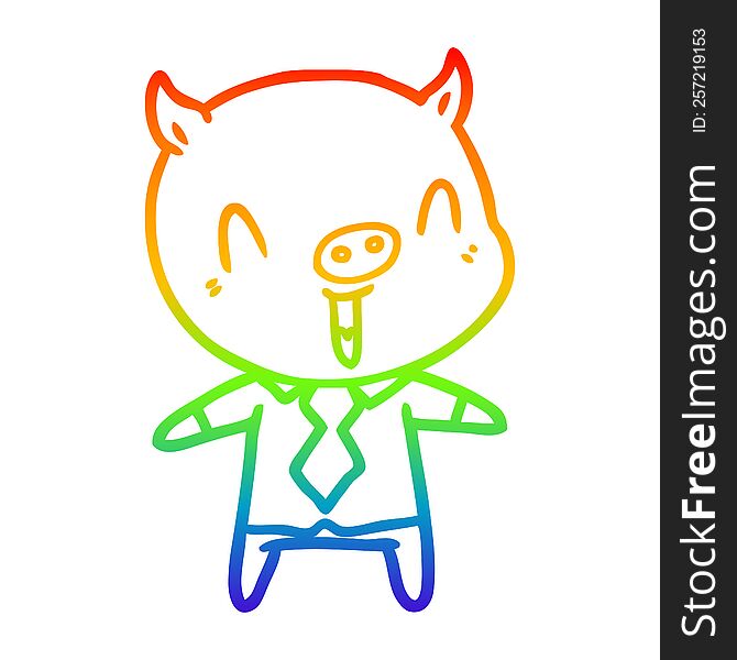 Rainbow Gradient Line Drawing Happy Cartoon Pig Wearing Shirt And Tie