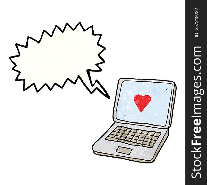 freehand speech bubble textured cartoon laptop computer with heart symbol on screen