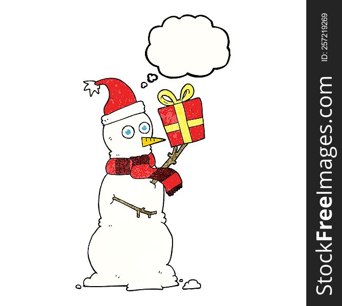 Thought Bubble Textured Cartoon Snowman Holding Present
