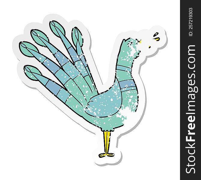 distressed sticker of a cartoon crowing peacock