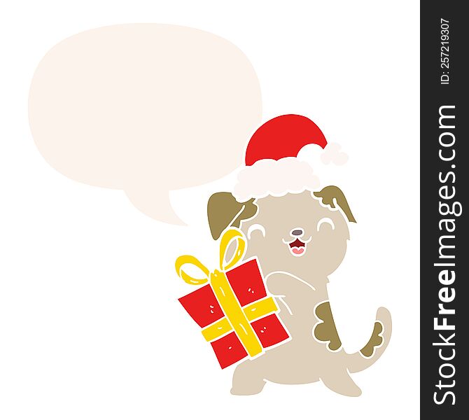 Cute Cartoon Puppy And Christmas Present And Hat And Speech Bubble In Retro Style