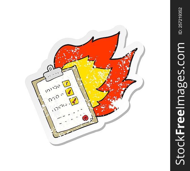 Retro Distressed Sticker Of A Cartoon Checklist Burning