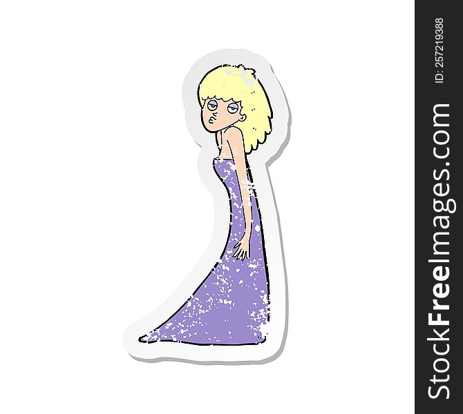 retro distressed sticker of a cartoon woman pulling photo face
