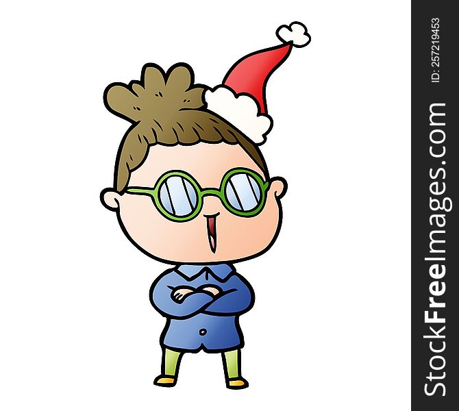 Gradient Cartoon Of A Woman Wearing Spectacles Wearing Santa Hat