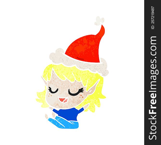 happy hand drawn retro cartoon of a elf girl sitting wearing santa hat. happy hand drawn retro cartoon of a elf girl sitting wearing santa hat