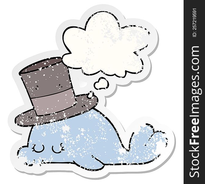 cute cartoon dolphin and thought bubble as a distressed worn sticker