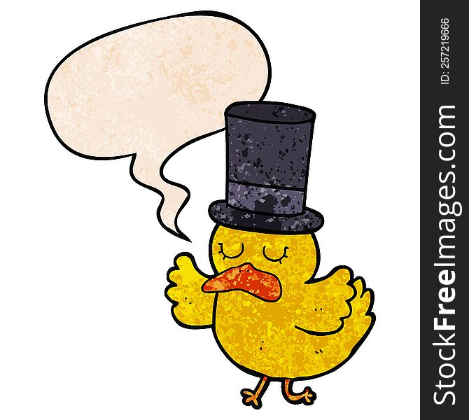 cartoon duck wearing top hat with speech bubble in retro texture style
