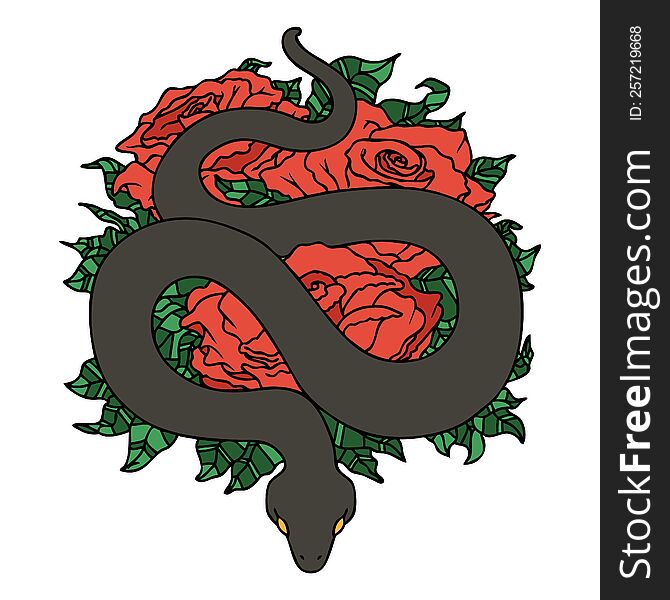 Traditional Tattoo Of A Snake And Roses