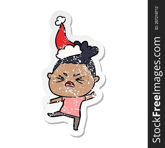 Distressed Sticker Cartoon Of A Angry Woman Wearing Santa Hat