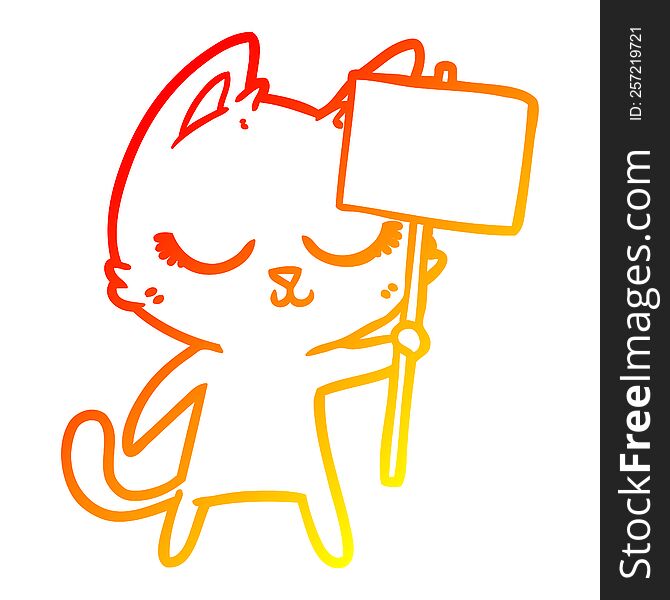 warm gradient line drawing of a calm cartoon cat with placard