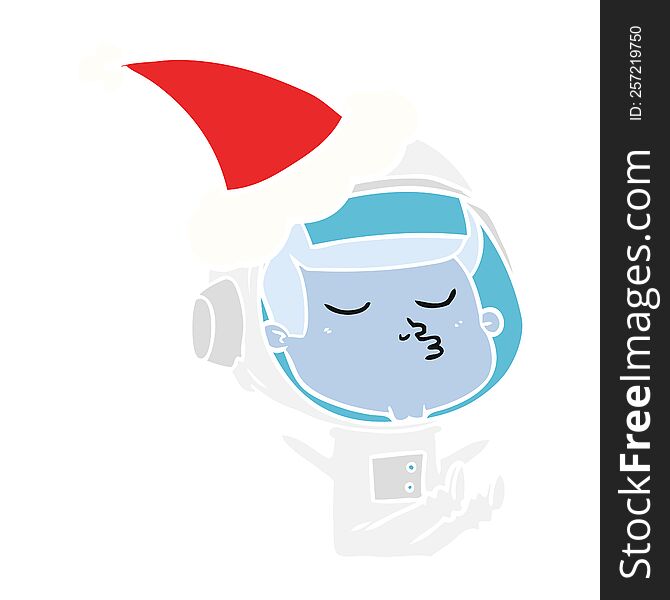 hand drawn flat color illustration of a confident astronaut wearing santa hat