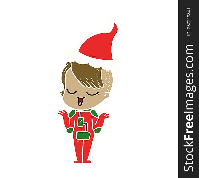 happy hand drawn flat color illustration of a girl in space suit wearing santa hat