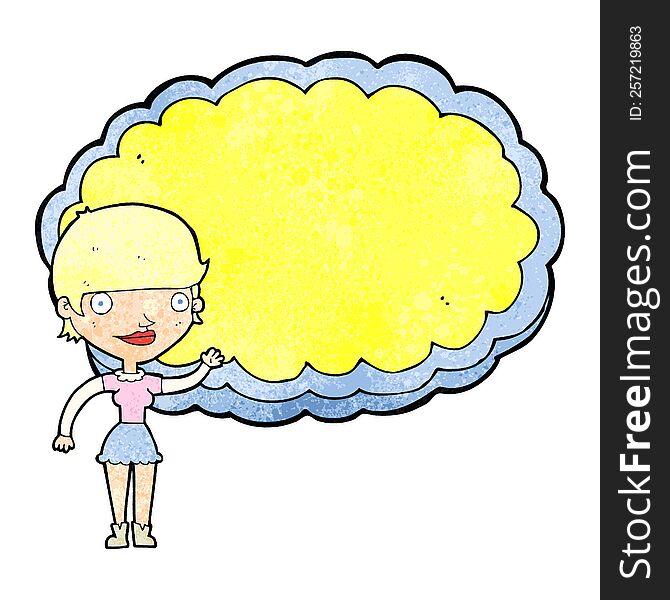 cartoon woman presenting cloud with space for text. cartoon woman presenting cloud with space for text