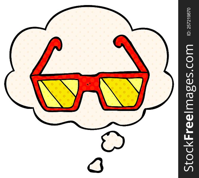 cartoon glasses with thought bubble in comic book style