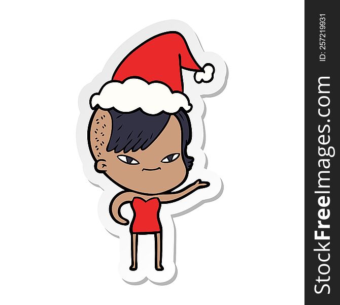 cute sticker cartoon of a girl with hipster haircut wearing santa hat