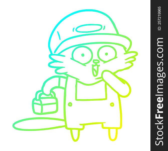 cold gradient line drawing of a cartoon cat builder stopping for lunch