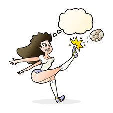Cartoon Female Soccer Player Kicking Ball With Thought Bubble Stock Images