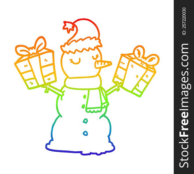 rainbow gradient line drawing of a cartoon snowman