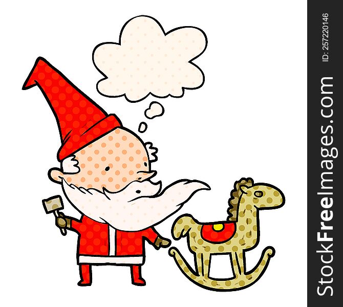 cartoon santa making toy with thought bubble in comic book style
