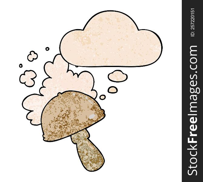 cartoon mushroom with spore cloud with thought bubble in grunge texture style. cartoon mushroom with spore cloud with thought bubble in grunge texture style