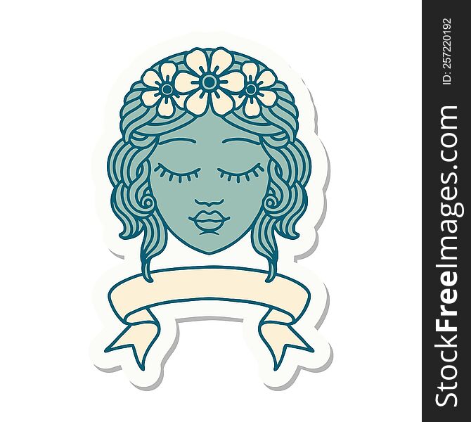 tattoo style sticker with banner of female face with eyes closed