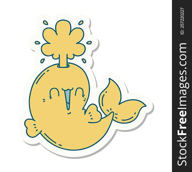 Sticker Of Tattoo Style Happy Squirting Whale Character