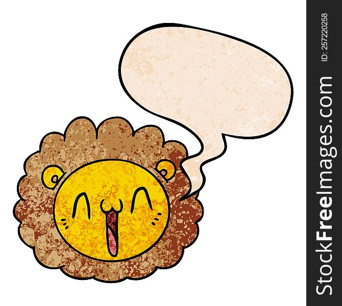 cartoon lion face and speech bubble in retro texture style