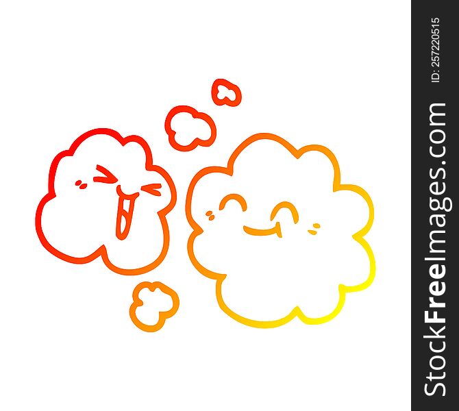 warm gradient line drawing of a cartoon white happy clouds