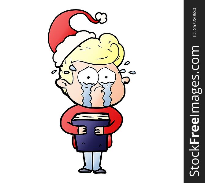 hand drawn gradient cartoon of a crying man holding book wearing santa hat