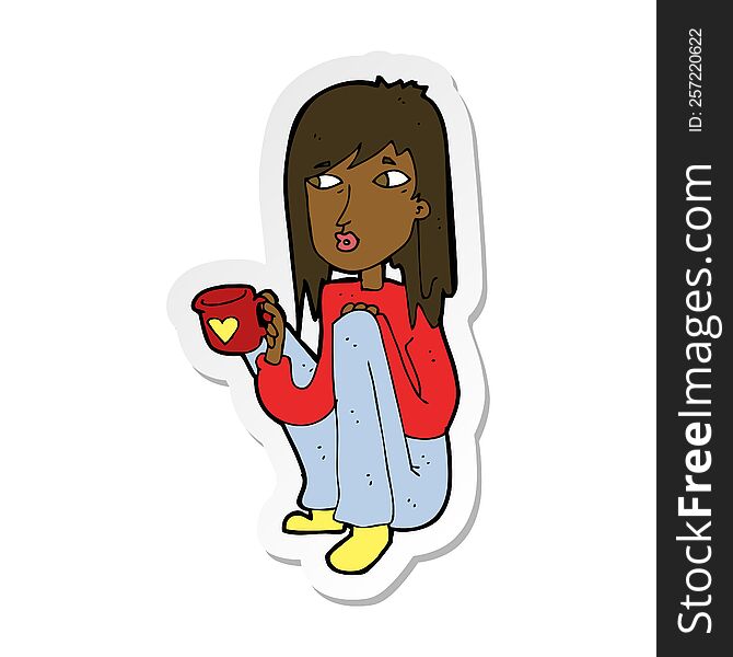 sticker of a cartoon woman sitting with cup of coffee