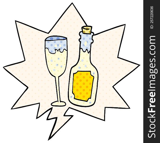 cartoon champagne bottle and glass with speech bubble in comic book style