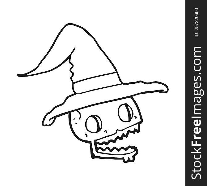 freehand drawn black and white cartoon skulll wearing witch hat. freehand drawn black and white cartoon skulll wearing witch hat