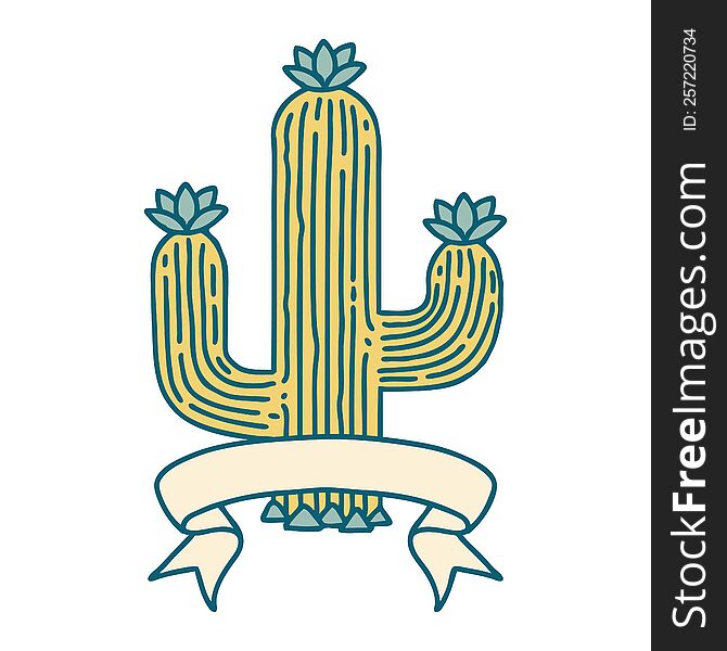 traditional tattoo with banner of a cactus