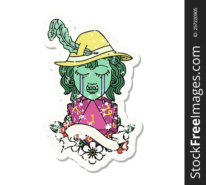 Crying Orc Bard Character With Natural One D20 Roll Grunge Sticker